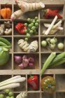 Vários tipos de verduras, temperos e cogumelos em caso de tipo — Fotografia de Stock