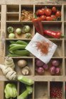 Top view of various types of vegetables, spices and mushrooms in case — Stock Photo