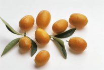 Kumquats frescos y maduros con hojas - foto de stock