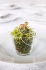 Closeup view of glass of moss with Easter lamb on plate — Stock Photo