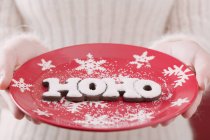 Closeup cropped view of woman holding plate with word hoho — Stock Photo