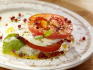 Tomates com mussarela no prato — Fotografia de Stock