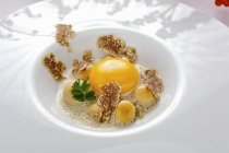 Raw egg with truffle and button mushrooms — Stock Photo