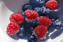 Resh ripe raspberries and blueberries — Stock Photo