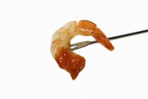 Shrimp Dipped in Cocktail Sauce on Fork — Stock Photo