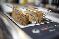 Вид крупным планом ломтиков хлеба из цельной муки в тостере — стоковое фото