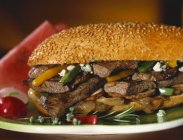 Steak, Zwiebeln und Sandwich — Stockfoto