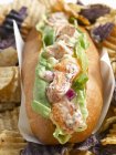 Lobster Roll with Potato Chips wrapped in paper — Stock Photo