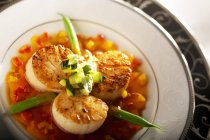 Seared Sea Scallops with Green Beans and Orange Sauce on white plate — Stock Photo