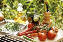 Frisches Gemüse, Kräuter und Zutaten für ein Barbecue im Freien — Stockfoto