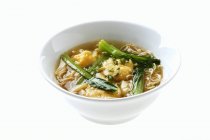 Vue rapprochée de la soupe de légumes Wonton dans un plat blanc — Photo de stock