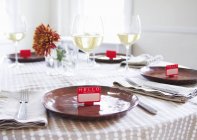Set de table avec étiquettes de nom sur les paramètres de place avec vin blanc — Photo de stock