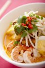 Closeup view of Malay noodle with shrimps, boiled egg and herbs — Stock Photo