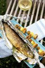 Barbecued trout with mushroom and potato skewers — Stock Photo