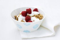 Muesli with yoghurt and raspberries — Stock Photo