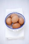 Fresh brown eggs in pan — Stock Photo