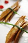 Closeup view of tied fried Tofu strips — Stock Photo