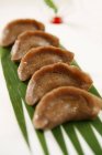 Closeup view of vegetable dumplings row on leaf — Stock Photo