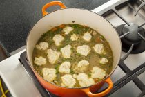 Vue surélevée des boulettes de cuisson dans une casserole de ragoût de poulet — Photo de stock