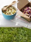 Vue rapprochée des salades Cole Slaw et quinoa sur table extérieure — Photo de stock