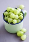 Grosellas verdes en taza de esmalte - foto de stock