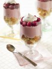 Closeup view of raspberry Trifle in glasses — Stock Photo