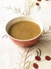 Closeup view of gravy in a bowl on an embroidered cloth — Stock Photo