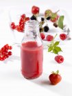 Вид крупным планом бутылки ягодного соуса с ягодами на белой поверхности — стоковое фото