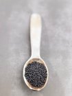 Closeup view of Beluga lentils on a wooden spoon — Stock Photo