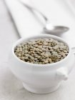 Closeup view of Laird lentils in a white soup bowl — Stock Photo