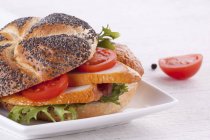 A chicken breast and tomato sandwich on a poppyseed roll on white plate — Stock Photo