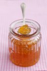 Vista de close-up de marmelada em um jarro e em uma colher — Fotografia de Stock