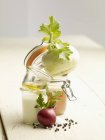 Ingredients for cream of kohlrabi soup over white surface — Stock Photo