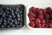 Blueberries and raspberries in containers — Stock Photo