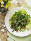 A mixed leaf salad with green asparagus and nuts on white plate  over green towel with fork — Stock Photo