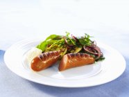 Salsiccia alla griglia con insalata — Foto stock