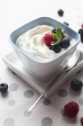 Closeup view of quark with berries in bowl — Stock Photo