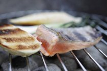 Nahaufnahme von gegrillten Fischfilets auf Rack über Kohle — Stockfoto