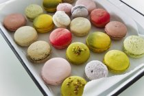 Various macaroons on tray — Stock Photo