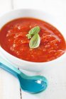Чашка свежего томатного соуса с пластиковой ложкой — стоковое фото