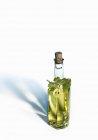 Повышенный вид масла виноградных косточек в бутылке на белой поверхности — стоковое фото