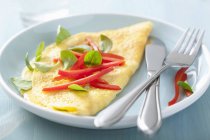 Vista de close-up de uma omeleta com pimenta e manjericão em uma placa com faca e garfo — Fotografia de Stock