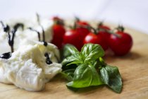 Tomates frescos com mussarela e manjericão — Fotografia de Stock