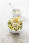 Closeup view of wheat salad with prawns and Aioli — Stock Photo