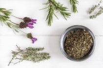 Herbs de Provence in a bowl surrounded by fresh herbs — Stock Photo