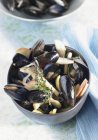 Mussels in broth with apple slices — Stock Photo