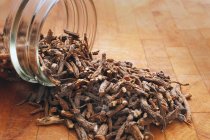 Closeup view of dried Dandelion root spilling from a glass jar — Stock Photo