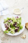 Erhöhte Ansicht von gemischtem Blattsalat mit Mayonnaise-Dressing — Stockfoto