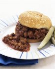 Sloppy Joe burger with gherkins — Stock Photo