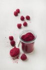Primo piano vista di lampone frutta in polvere in vetro e su cucchiaio con lamponi freschi — Foto stock